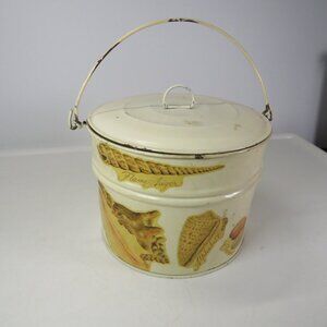 Sea Shell Vintage Metal Pail Gather Bucket with lid (rust inside) 6" tall